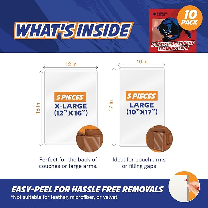 10 Pack Cat Scratch Furniture Protector Tape Sheets – Double-Sided Sticky Training (5 XL, 5 Large) – Anti-Scratch Couch & Sofa Guard – Clear – Not for Leather, Velvet, Microfiber