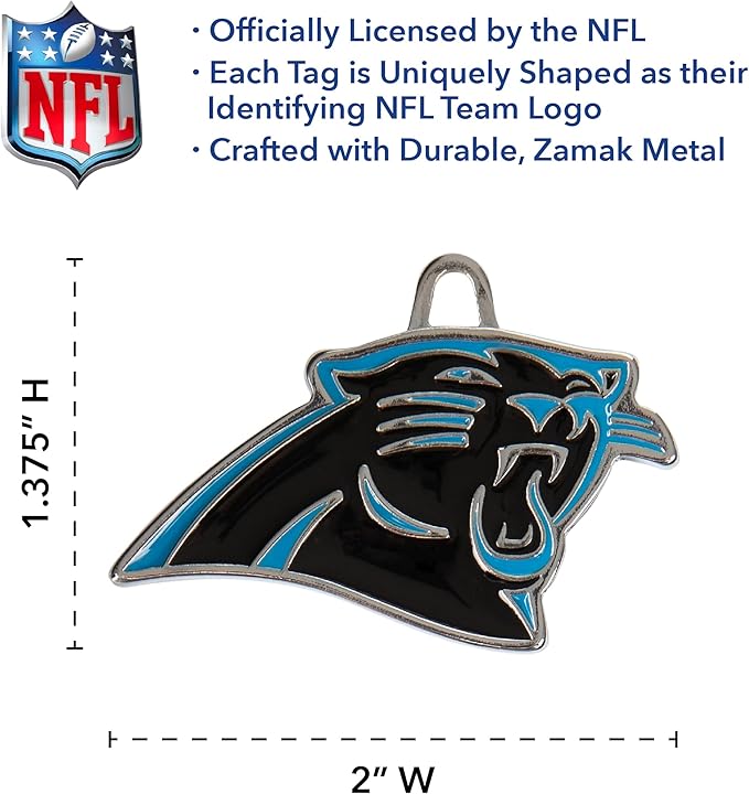 NFL Carolina Panthers Engraving Pet ID Tags in 32 Team Logo Shapes Personalized Dog Tags and Cat Tags with 3 Lines of Customizable Text for Tracking & Safety. Stainless Steel Pet ID Tracking Tags
