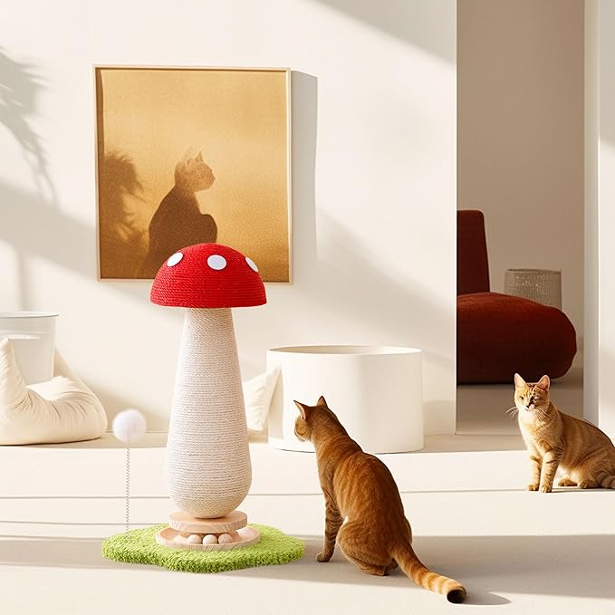 Mushroom Cat Scratching Post Cat Tree, 21.5‘’ H Cute Cat Scratcher Tower with Durable Solid Wood Turntable Toy, Mushroom Scratch Post Cat Toys Cat Sisal Scratcher with Catnip for Indoor Cats