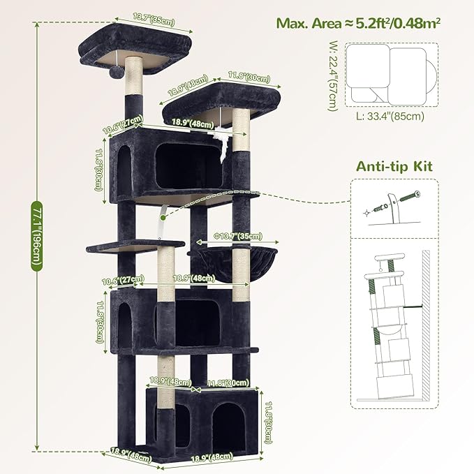 Globlazer Sturdy Cat Tree for Large Cats, 77 inch Large Cat Climbing Tower for Indoor Adult Cats, Cat Scratching Tower with 5 Scratching Posts, 3 Cat Condos, 2 Top Perches, S77, Dark Grey