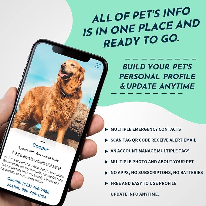 MYLUCKYTAG QR Code Silicone Dog Cat ID Tag - Online Pet Profile, Pet Location Alert Email - Durable Dog Collar Tag