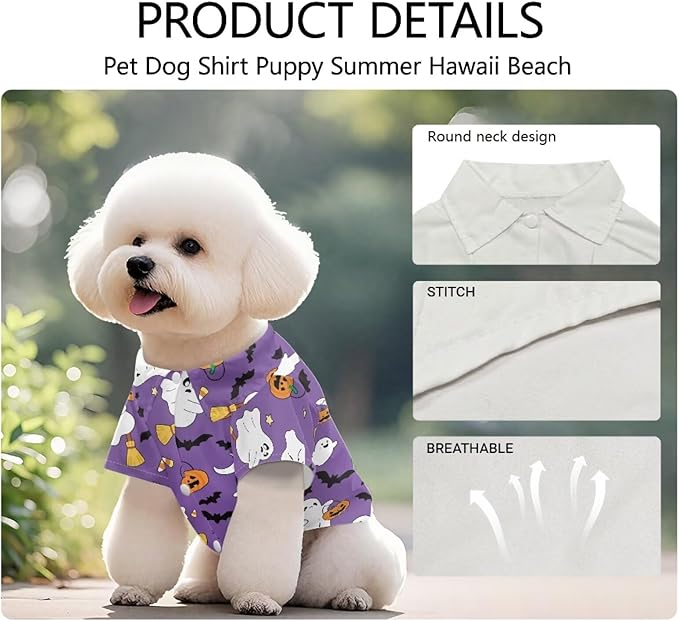 Halloween Ghost Dog Shirts for Medium Dogs Girls Boys Cat Collared Polo T-Shirts Breathable Doggy Sweatshirt Summer Button Up Collar Puppy Clothes Casual Wear for Hot Weather