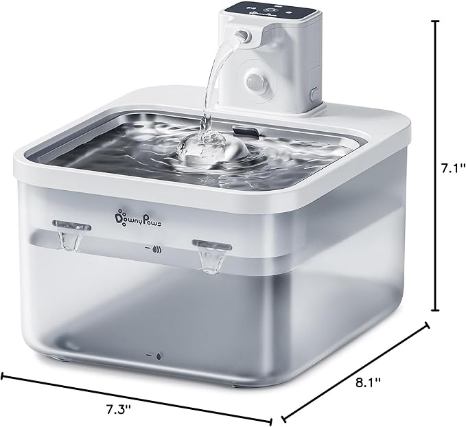 DownyPaws Battery Operated Cat Water Fountain Stainless Steel, 84oz/2.5L Fursink Wireless Pet Water Fountain for Cats Inside, Automatic Dog Water Dispenser with Faucet, Quiet Pump, BPA-Free, White