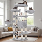 Heybly Cat Tree, 68 inch Multi-Level Cat Tower for Indoor Cats, 2 Widened Plush Perches Cat Condo with Scratching Board and Big Caves, Light Gray HCT025W