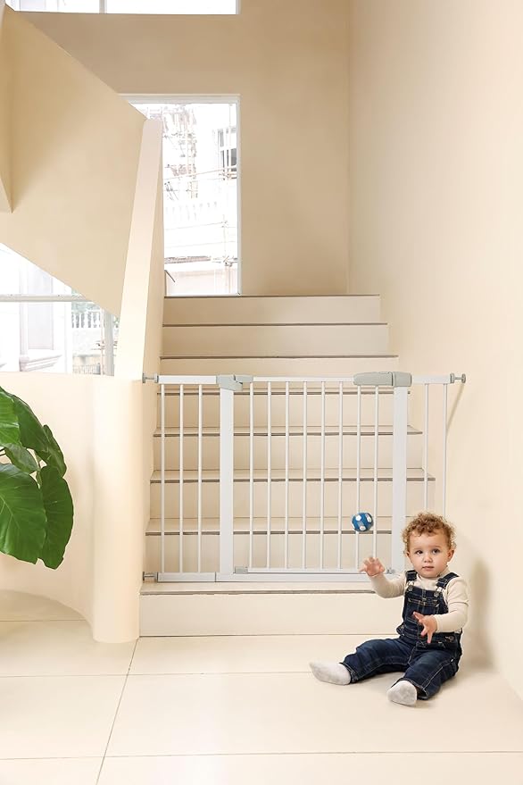 29"-57" Baby and Pet Safety Gate, 30" Tall Metal Walk-Thru Gate for Doorways & Stairs, Easy One-Hand Open, Dual Lock, Extensions & Wall Mounts Included (Gray, 29"-46" W x 30.5“H)