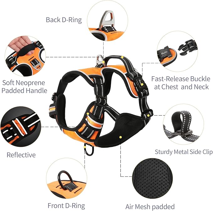 HEELE Dog Harness, No Pull Adjustable Padded Reflective Harness for Small Medium Large Dogs with Handle for Walking Training, Orange, L