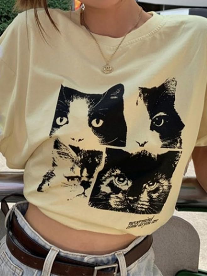 Y2k Oversized Graphic Print Tees Shirts Cat Print Tee Vintage Fruit Baggy Tshirt Coastal Streetwear Cat Print Tee