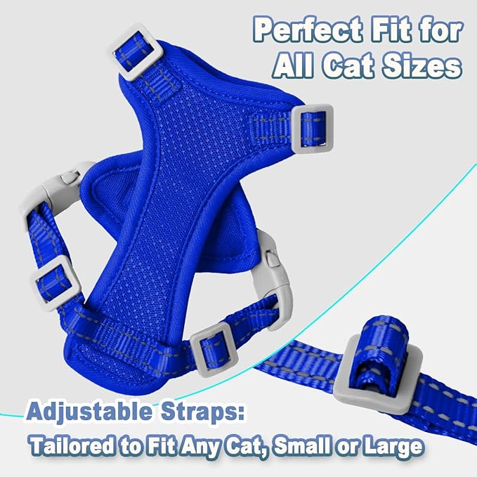 Cat Harness and Leash Set Escape Proof for Kitten Walking, Soft Adjustable Top Handle Vest Harnesses for Cats, Easy Control Breathable Reflective Small Medium Large, Sapphire Blue,M