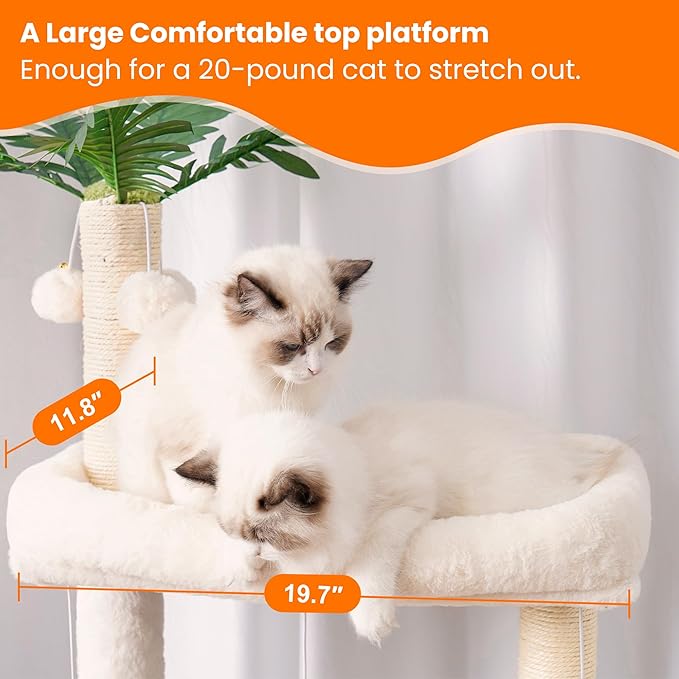 Heybly Wood Cat Tree for Indoor Cats, Cat Condo for Large Cats with Self Groomer, Modern Cat Scratching Tower with Basket, Hammock, Dangling Ball and Leaves, Rustic Gray HCT120SG