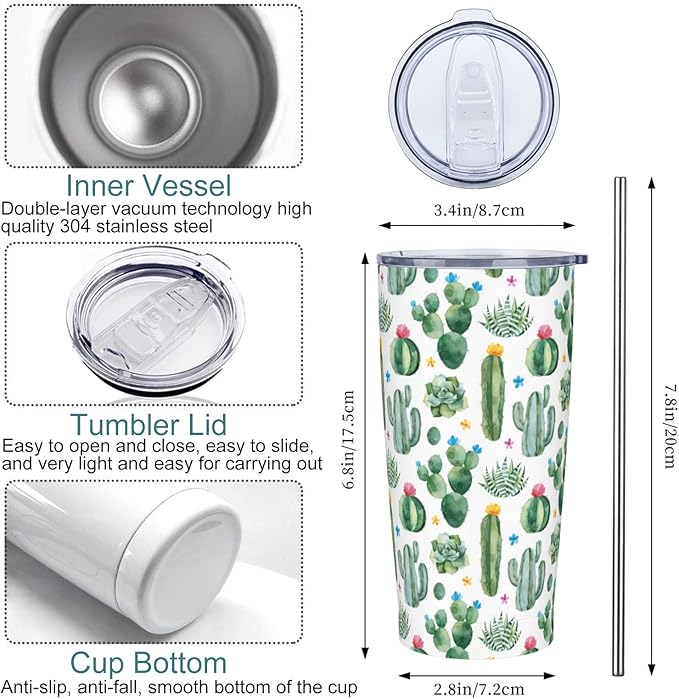 Cactus Tumbler with Lid and Straw, 20 Oz Stainless Cup Steel Insulated Water Bottle Travel Coffee Mug