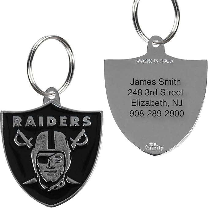 NFL Las Vegas Raiders Engraving Pet ID Tags in 32 Team Logo Shapes Personalized Dog Tags and Cat Tags with 3 Lines of Customizable Text for Tracking & Safety. Stainless Steel Pet ID Tracking Tags