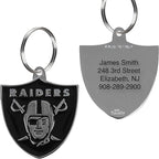 NFL Las Vegas Raiders Engraving Pet ID Tags in 32 Team Logo Shapes Personalized Dog Tags and Cat Tags with 3 Lines of Customizable Text for Tracking & Safety. Stainless Steel Pet ID Tracking Tags