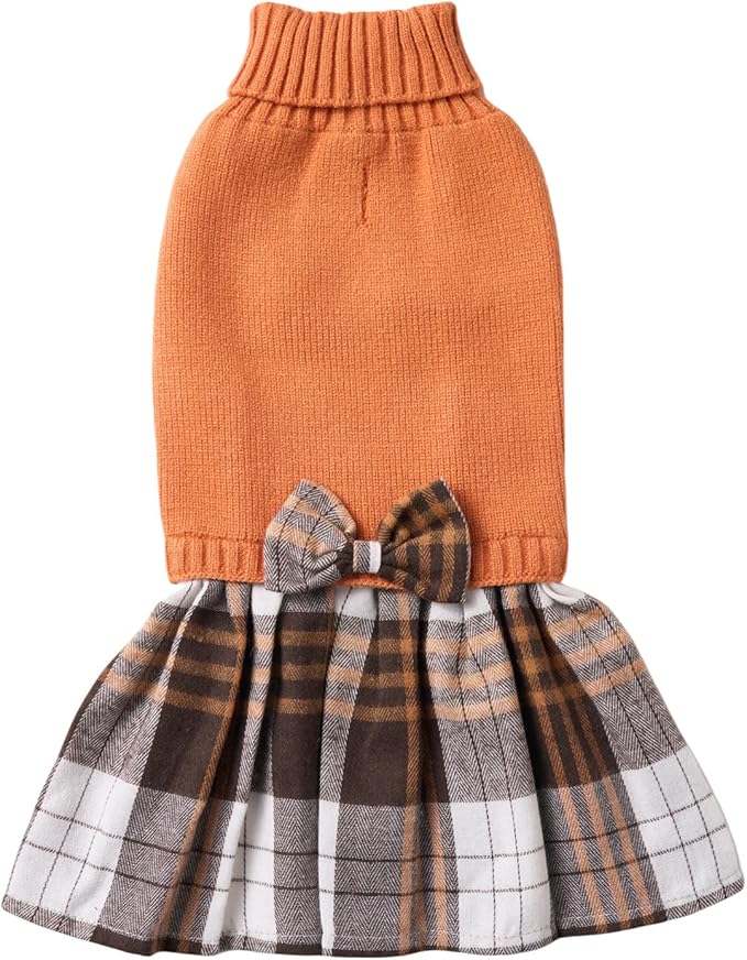 Lanyarco Orange Knitted Thanksgiving Fall Dog Sweater Dress, Dog Sweaters for Small Dogs Girl, Maltese Cat Apparel, Small (S)