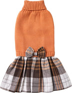 Lanyarco Orange Knitted Dog Sweater Dress, Plaid Fall Thanksgiving Dog Doggy Clothes for Small Dogs Girl, Maltese Cat Apparel Dresses, X-Small (XS)