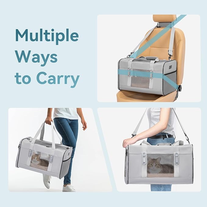 Petsfit Travel Pet Carrier for Large Cats (up to 20 lbs), Soft-Sided Dog Car Travel Carrier with Patented Buckle and Soft Padding, Ideal for Car Road Trips,19X12X12 Inch,Grey
