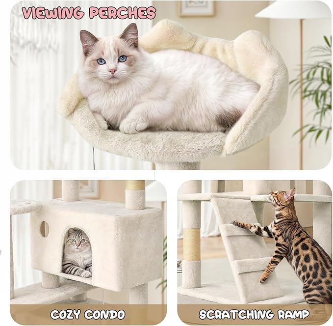 MoNiBloom Cat Tree, 70 Inch Cat Tree Tower with 2 Condo, Tall Cat Tower with Scratching Post, Cat Climbing Tower, Cat Tree for Indoor Cats, Beige