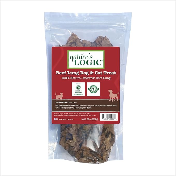 Nature's Logic Beef Lung Dog & Cat Treats - 100% Natural - Single-Ingredient High Protein - No Additives - Dental Care Treat for Dogs & Cats - Grain-Free - Beef Lung Treat, 3.5oz