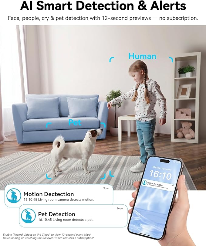 blurams 4K Ultra HD Indoor Cameras for Home Security, 360° PTZ Pet Camera w/One-Touch Call, Night Vision, Free Human/Pet/Motion/Sound/Cry Detection, 5GHz/2.4GHz WiFi6, Work with Alexa