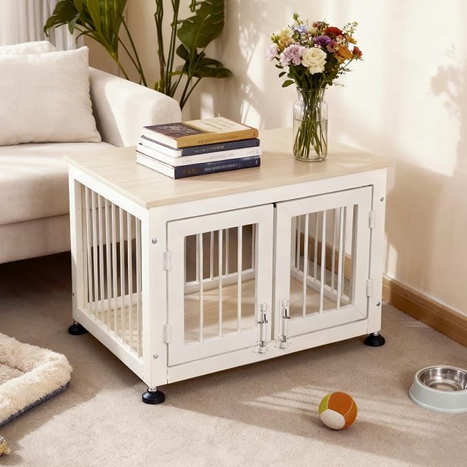 26 Inch Dog Crate Furniture, Heavy Duty Dog Crate for Small Dogs, Indestructible Cage for High Anxiety Dogs with Wooden Table for Indoor Decorative, Escape-Proof Locks & Double Door Cage