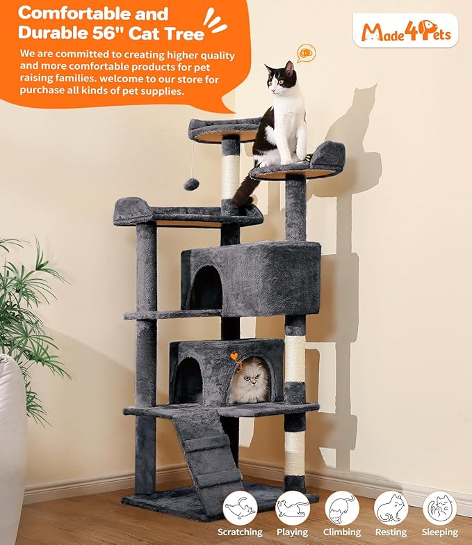 Made4Pets Cat Tree 54in Cat Tower for Indoor Cats Kitten Tree Multi-Level Cat Tree with 2 Condo Furniture Activity Center with Scratching Posts Funny Toys Kittens Pet Play House, Dark Grey