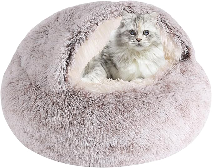 Round Hooded Cat Bed & Dog Bed with Cover Cave, Dog Bed for Small Dogs, Faux Fur Cuddler Round Coved Cat Bed Self Warming Donut Dog Bed Fits up to 5 lbs Pets(Coffee, 16inch x 16inch)
