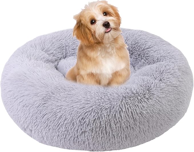 Calming Dog Bed, Dog Beds Fits up to 15 lbs Pets, Fluffy Donut Dog & Cat Bed Washable, Round Anti Anxiety Dog Bed, Small Dog Bed with Non-Slip Bottom (Light Grey, 20" x 20")