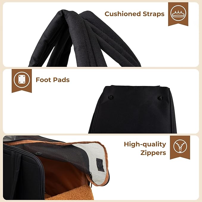 Black Dog Purse Carrier for Small Dogs – Cotton Padded Interior, Multiple Pockets, Breathable Mesh & Comfortable Strap, Durable Polyester Travel Bag, Lightweight Cat Carrier, Versatile Small Pet Bag