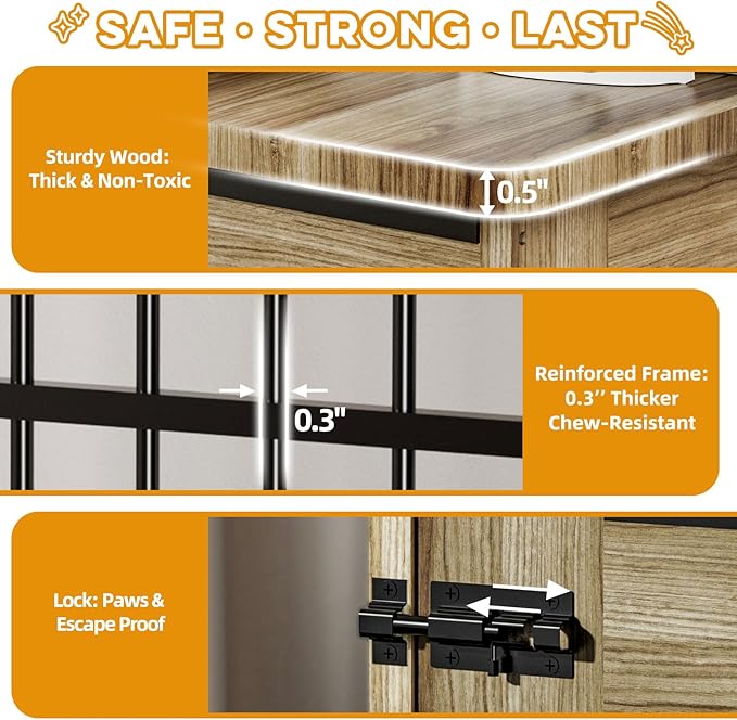 46" Large Dog Crate Furniture, Double Door Wooden Indoor Dog Kennel Furniture, Decorative Pet Cage End Table with Wheels for Extra Large Breed Dogs, Size 2XL, Rustic Brown