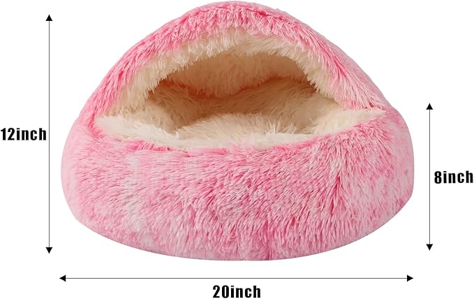 Round Hooded Cat Bed & Dog Bed with Cover Cave, Dog Bed for Small Dogs, Faux Fur Cuddler Round Coved Cat Bed Self Warming Donut Dog Bed Fits up to 12 lbs Pets (Pink, 20inch x 20inch)