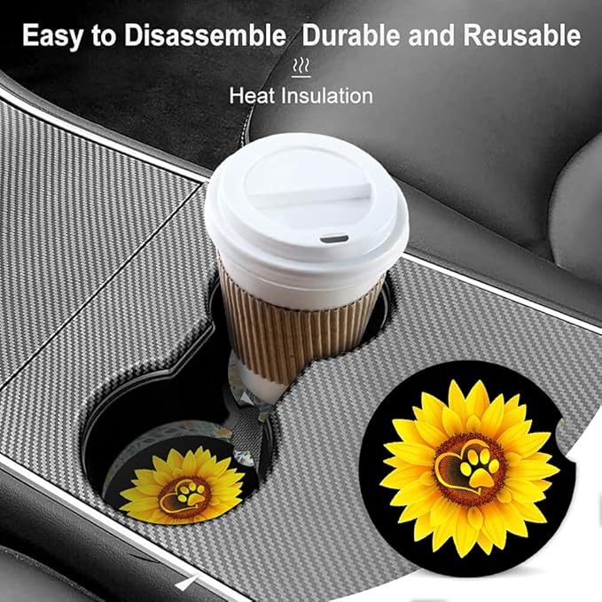 Ceramic Cup Holders Car Coasters for Women/Men,Cute Love Pattern Absorbent Drink Cup Car Holder Coasters with A Finger Notch 2.56" Pack of 2,Sunflower Dog Paw