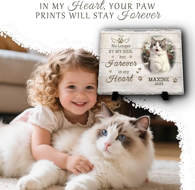 Personalized Cat Sympathy Gifts, Cemetery Decorations for Grave, Custom Pet Memorial Stone with Photo Name Date Bereavement Sympathy Gift for Cat Lover (Quote 10)
