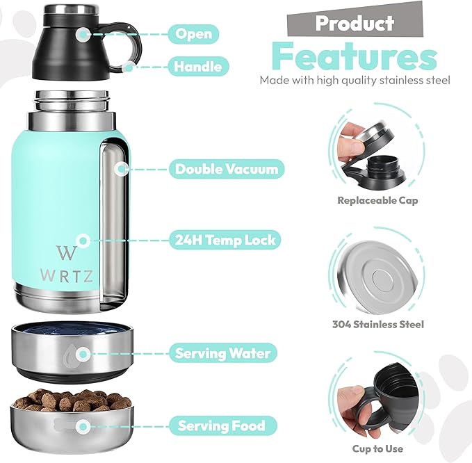 Stainless Steel Insulated Water Bottle with 2 Removable Water Bowls for Dogs – Leak-Proof Portable Dog Water Bottle - Travel Accessories for Dogs - 32oz - Teal