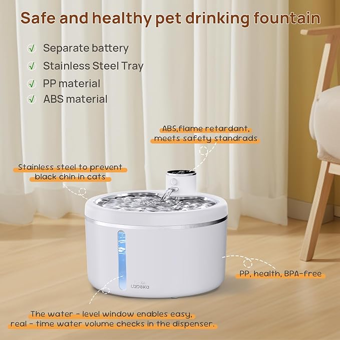 Wireless Cat Water Fountain with Stainless Steel Tray, Battery Operated Cat Fountain - 102oz/3L Automatic Pet Water Dispenser, Easy Clean with Motion Sensor for Cats, Dogs-2Filters