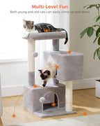 32" Cat Tree Tower for Indoor Cats - 2 Cozy Condos, Multi-Level Cat Scratching Posts with Sisal, Soft Padded Perch, 2 Dangling Toys, Light Grey