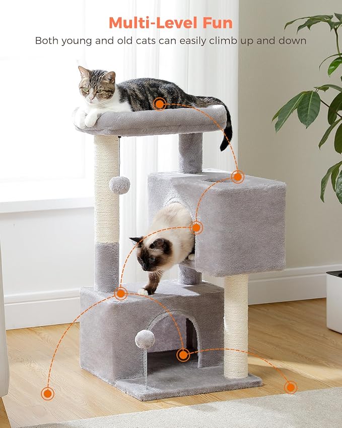 32" Cat Tree Tower for Indoor Cats - 2 Cozy Condos, Multi-Level Cat Scratching Posts with Sisal, Soft Padded Perch, 2 Dangling Toys, Light Grey