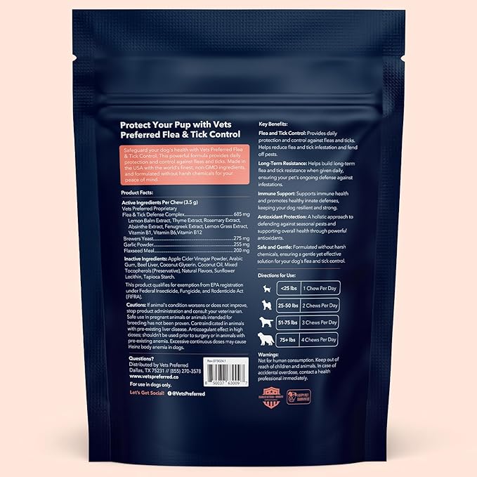 Vets Preferred Flea and Tick Prevention for Dogs Chewable - Daily Defense Without Harsh Chemicals - Immune Support & Antioxidant Protection - Beef Flavored - 90 Soft Chews