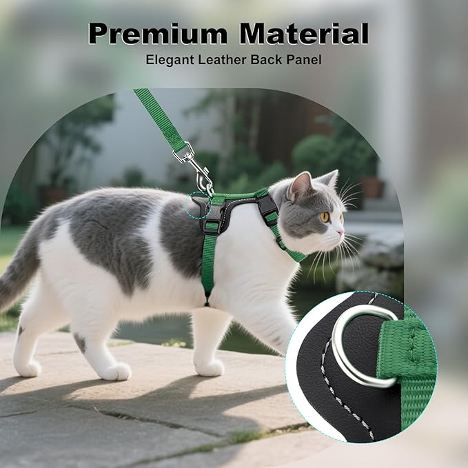 Plutus Pet Adjustable Cat Harness and Leash Set, Quick Release, Escape Proof Nylon Vest with Leather Trim for Kitten, Small Medium Large Cats, Green