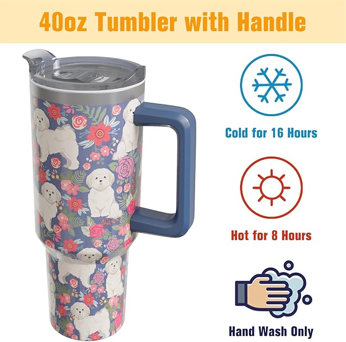 Shih Tzu Gifts for Women Dog Lovers 40 oz Floral Shih Tzu Tumblers with Handle and Straw, Stainless Steel Vacuum Insulated Travel Coffee Mug Cup Water Bottle