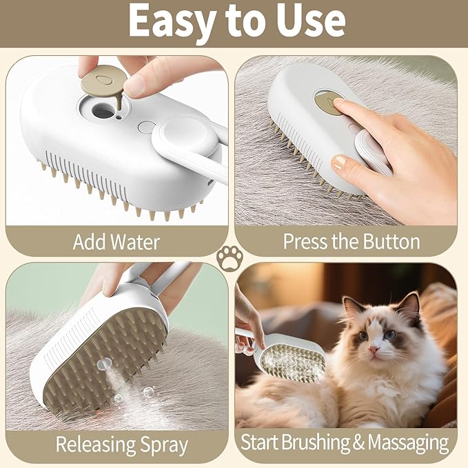 4 in 1 Cat Steam Brush for Shedding Dog Brush with Steam Pet Hair Cleaning Brush Comb for Cat Spray Pet Grooming Soft Silicone Brush for Long & Short Haired Pets (White)