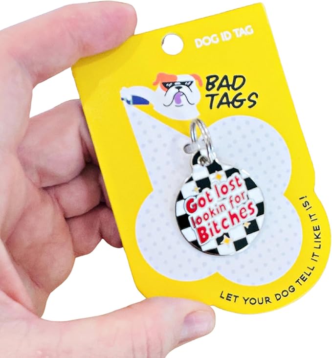 Personalized QR Code Dog Tags - Choose from 25+ Tag Designs - QR Code Links to Your Profile - Unique, Cute, Funny, Sassy Pet ID Tag (Got Lost Lookin for B*tches, Large (1.25 inch))