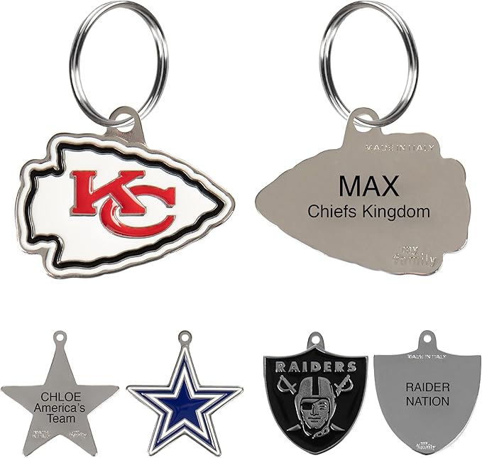 Kansas City Chiefs Personalized Pet ID Tags, Engraving 3 Lines Text, 32 NFL Team Logo Shapes, Stainless Steel