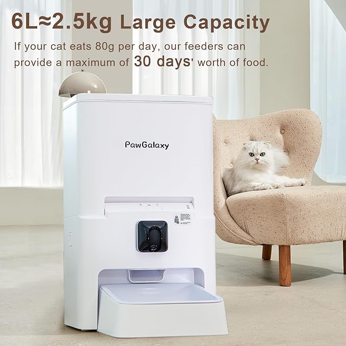 Automatic Pet Feeder, White 6L Cat Food Dispenser, Supports 5G & 2.4G, with 1080P HD Night Vision 142° Camera, APP Remote Control, Customizable Portion Sizes, Low Food & Motion Alerts