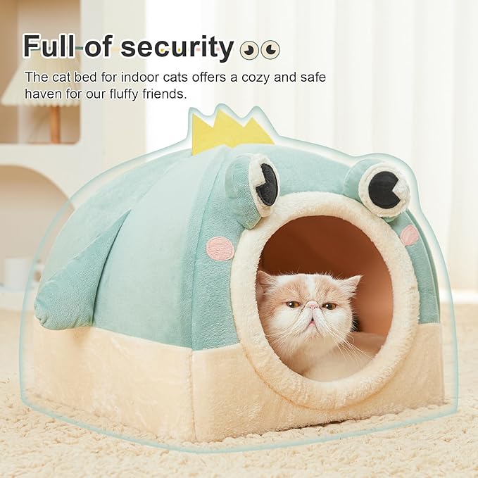 Jiupety Cat Beds for Indoor Cats, Cute Cat House for Cats and Puppy, Cute Cat Cave Bed with Removable Cushion, Large Cat Bed Cat Hideaway, 2-in-1 Cat Tent, M(17" × 17" × 17"), Green.
