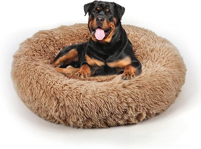 Dog Bed, Cat Calming Bed, Faux Fur Pillow Pet Donut Cuddler Round Plush Bed for Large Medium Small Dogs and Cats (44"x44"(Pack of 1), Camel)