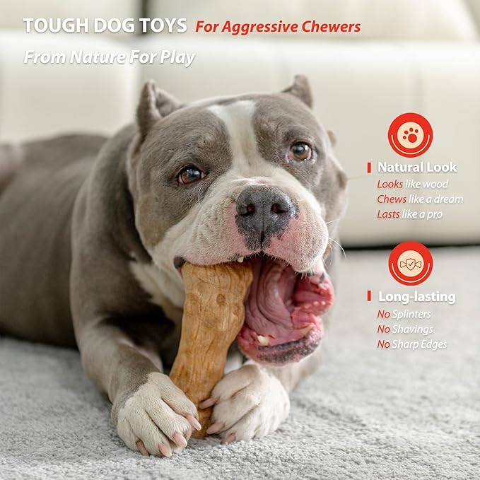 Willjoy 3-Pack Dog Chew Toys for Aggressive Chewers, Pine Wood & Tough Nylon, Bone Shaped Indestructible Dog Toy, Natural Looking Grooves & Textured, Bacon Flavor Large Dog Toys to Keep Them Busy