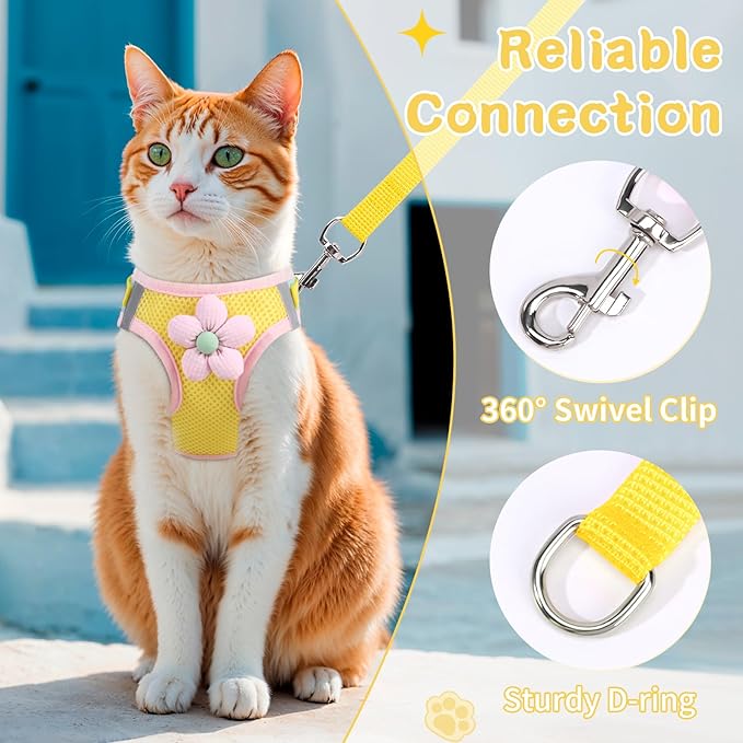 Cat Harness and Leash Set for Walking Escape Proof, Adjustable Kitten Harness Breathable Mesh with Reflective Strips Harness with Flower for Kitty Puppy Bunny Yellow Small