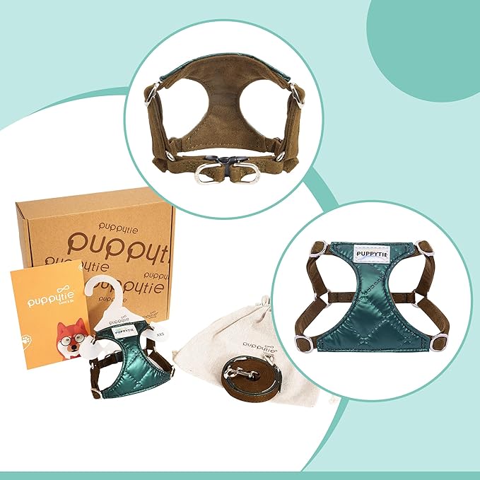 Puppytie No Pull Small Dog Harness with Multifunction Dog Leash,Lightweight Soft Adjustable No Choke Escape Proof Pet Harness Vest Pet Harness Vest,Glossy Dark Green,S