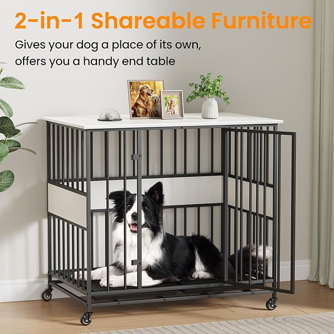 Dog Crate Furniture for Medium Dogs, 38 Inch Medium Kennel, Wooden Pet Cage Decorative Corner End Table with Caster Wheels & Double Removable Tray, White