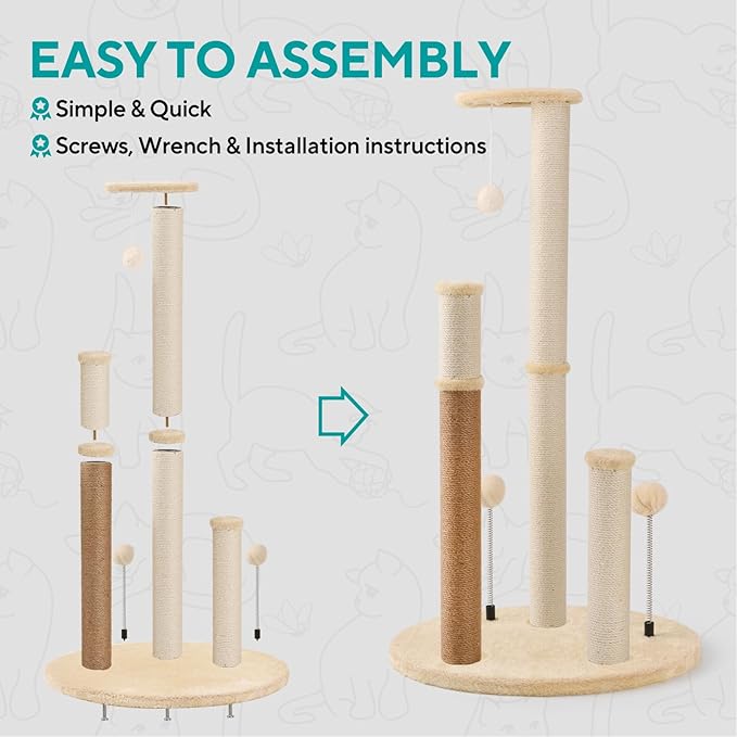 Maximum - 35.8" Tall Cat Scratching Post, 3 Scratcher Posts for Indoor Small and Large Cat, Spring Cat Toy and Hanging Ball, Non Spliced Elliptical Base Plate