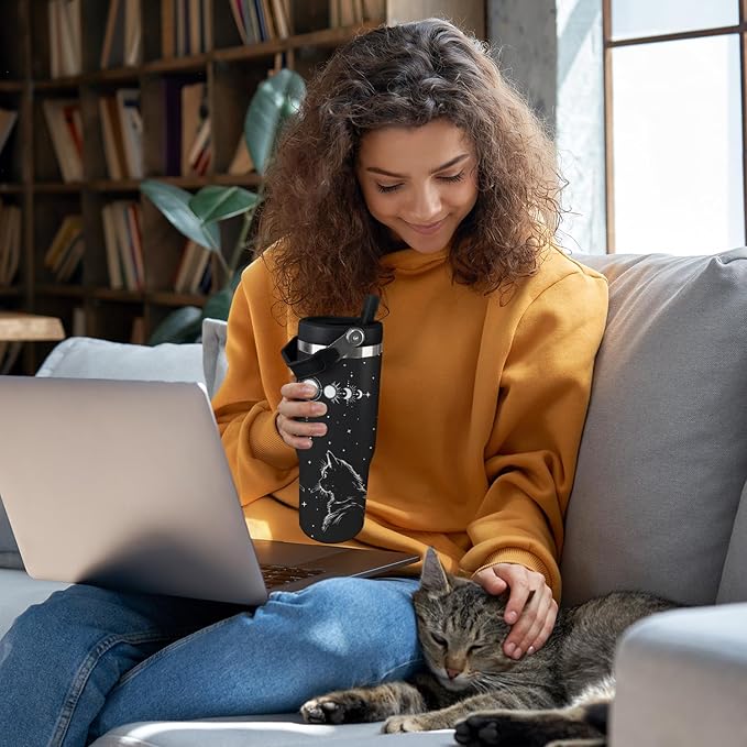 Cat Tumbler With Lid and Straw - 30oz Stainless Steel Cute Water Bottle Cup - Funny Gifts for Women